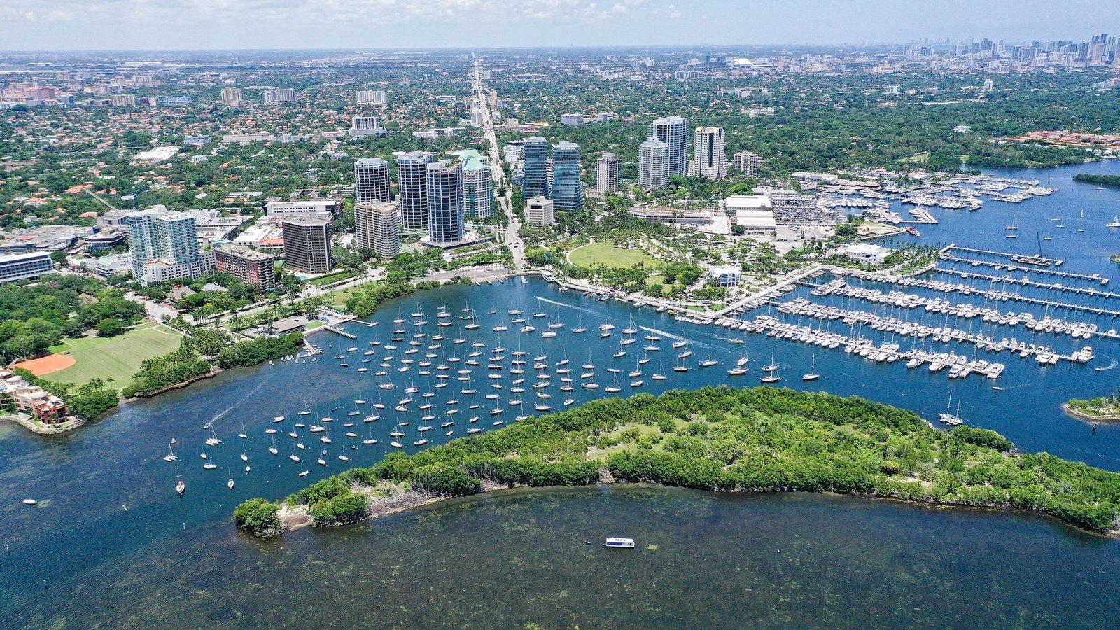 Aerial view of Coconut Grove, its marinas and Biscayne Bay
