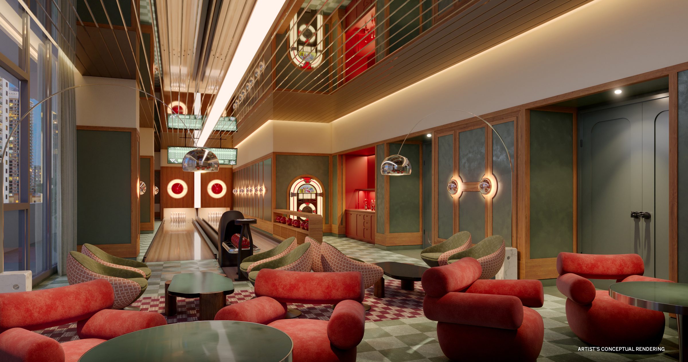 The bowling alley and game lounge, with red lounge chairs and green-paneled walls
