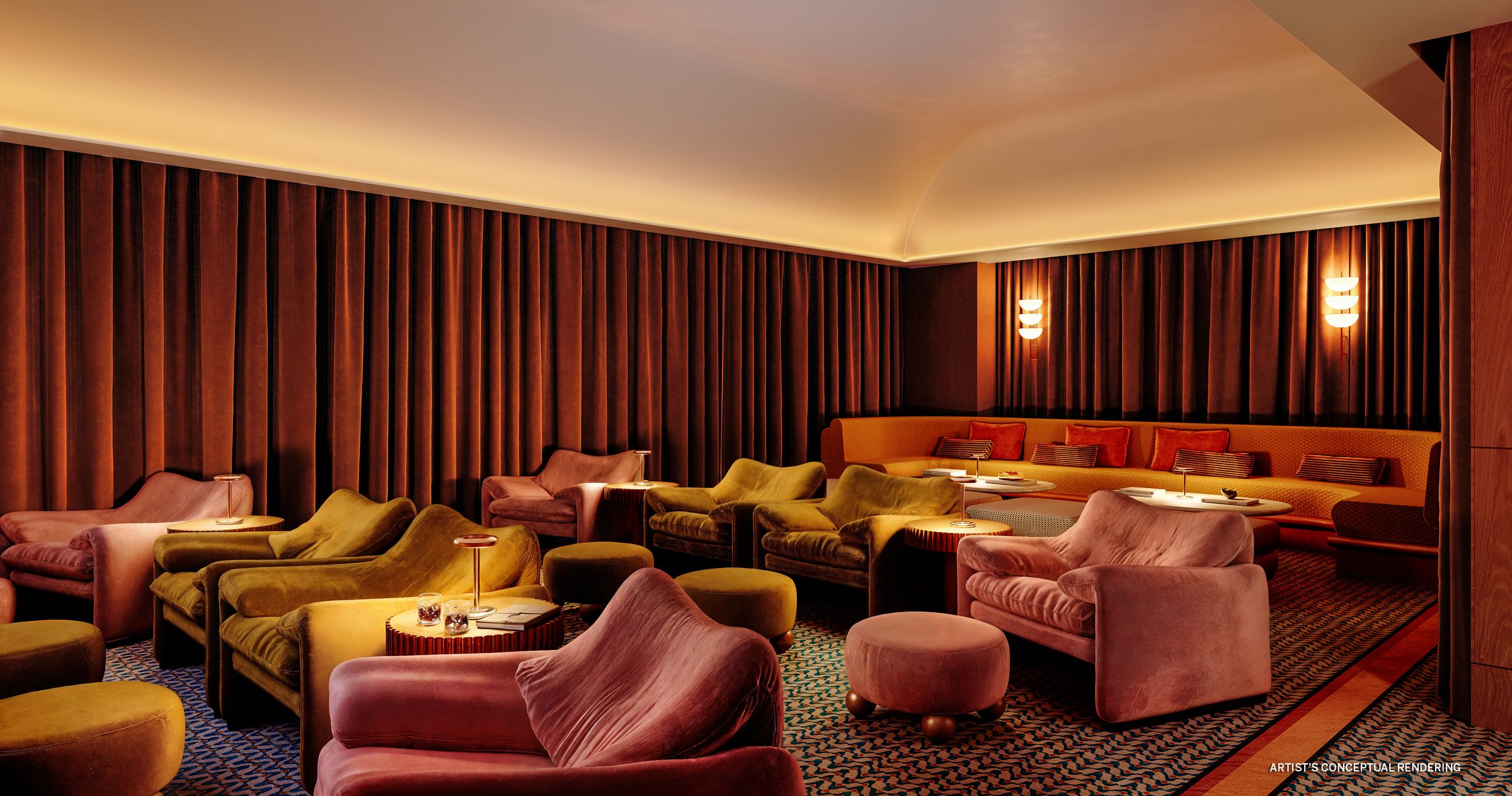 The velvet-draped screening room and lounge