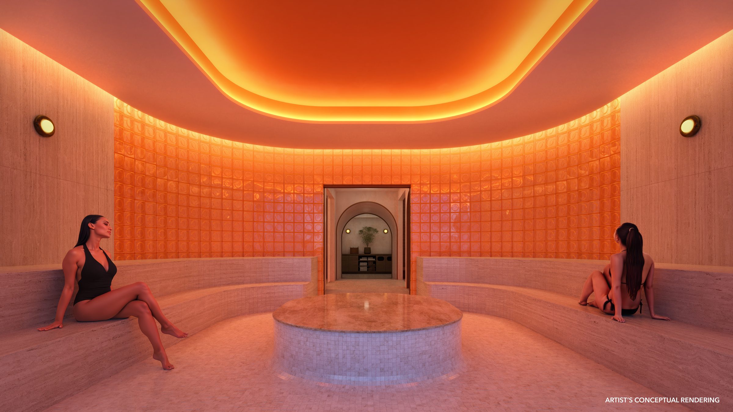 The spa steam room, with amber glass-block walls and a central marble plinth