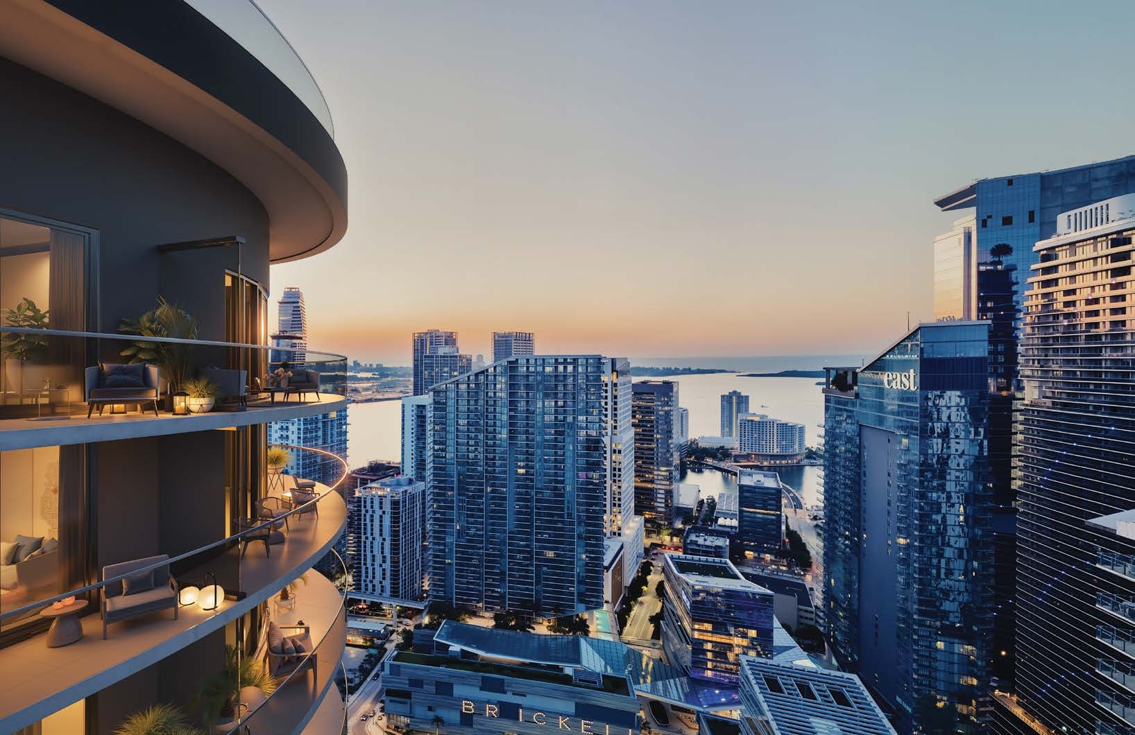 Curved terraces overlooking Brickell and Biscayne Bay
